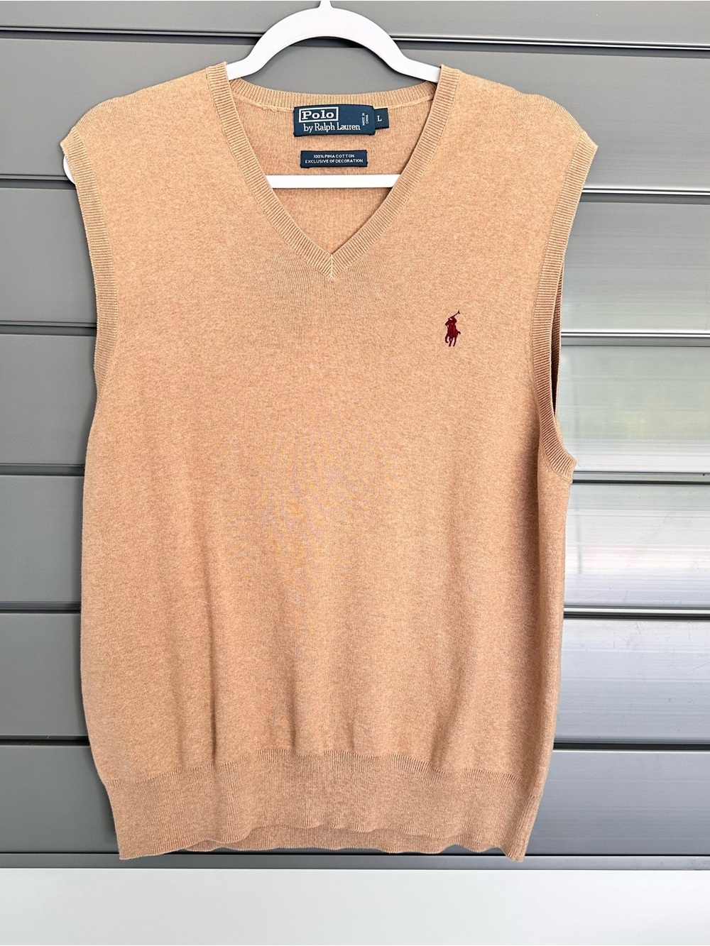 Ralph Lauren Tan V-Neck Sweater Vest with Burgundy Polo Logo 100% Pima cotton